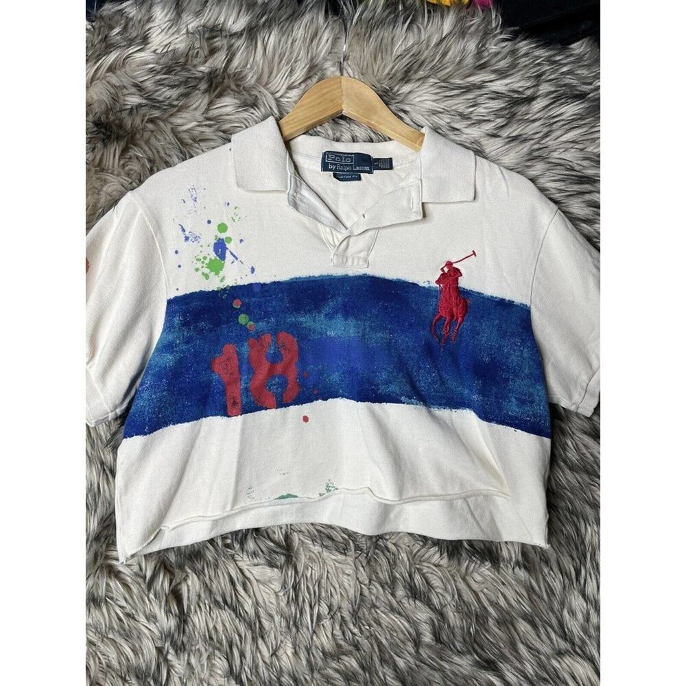Polo Cropped Top Shirt Cream Color Paint Splatter Custome Fit L LOVE THIS!!!!!